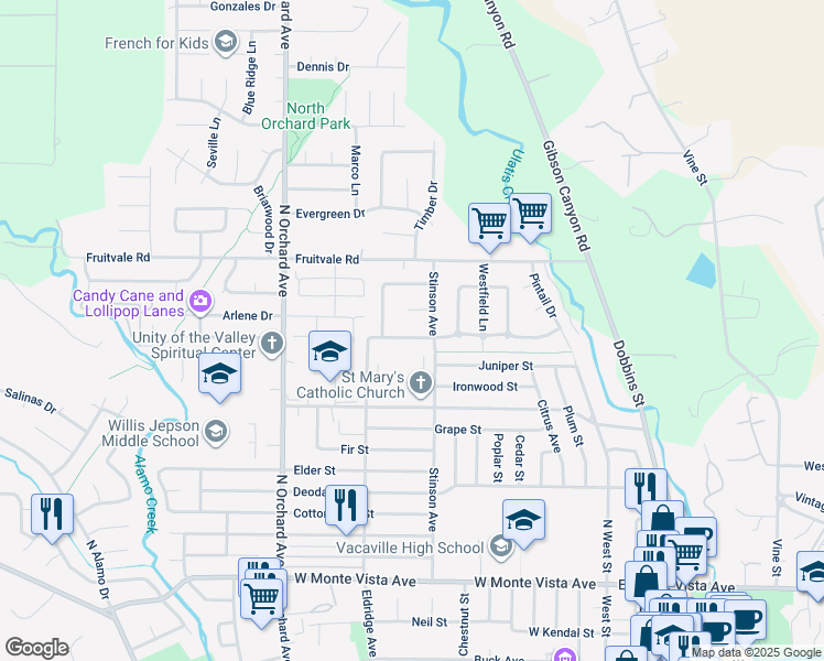 map of restaurants, bars, coffee shops, grocery stores, and more near 567 Eldridge Avenue in Vacaville