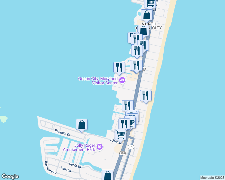 map of restaurants, bars, coffee shops, grocery stores, and more near 107 Convention Center Drive in Ocean City
