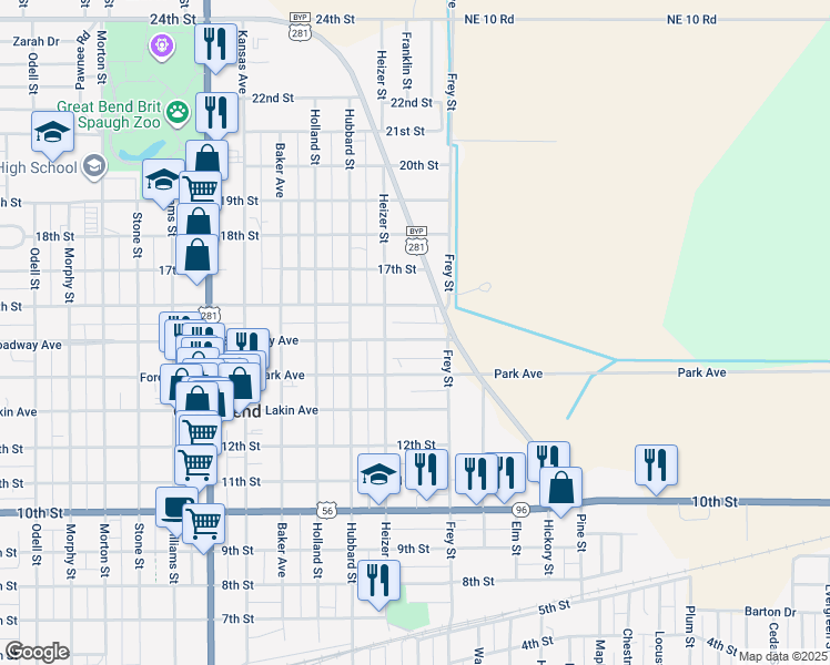map of restaurants, bars, coffee shops, grocery stores, and more near 1424 Broadway Avenue in Great Bend