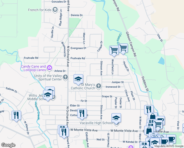 map of restaurants, bars, coffee shops, grocery stores, and more near 531 Eldridge Avenue in Vacaville