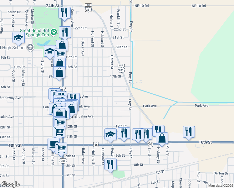 map of restaurants, bars, coffee shops, grocery stores, and more near 1438 Broadway Avenue in Great Bend