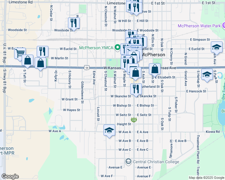 map of restaurants, bars, coffee shops, grocery stores, and more near 302 South Walnut Street in McPherson