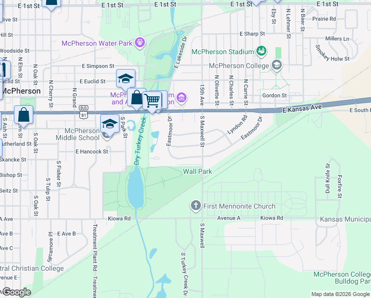 map of restaurants, bars, coffee shops, grocery stores, and more near 1108 Lyndon Road in McPherson