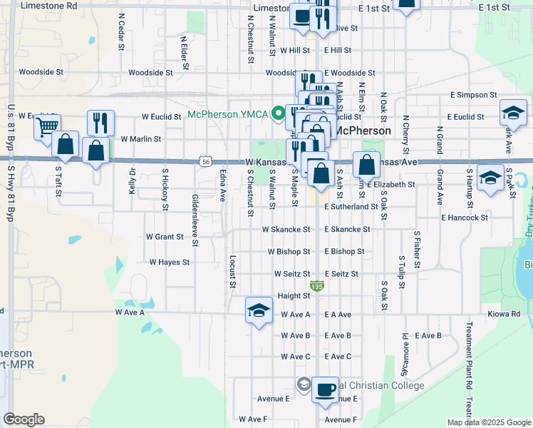 map of restaurants, bars, coffee shops, grocery stores, and more near 302 South Walnut Street in McPherson