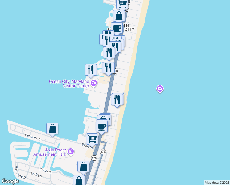 map of restaurants, bars, coffee shops, grocery stores, and more near 209 40th Street in Ocean City