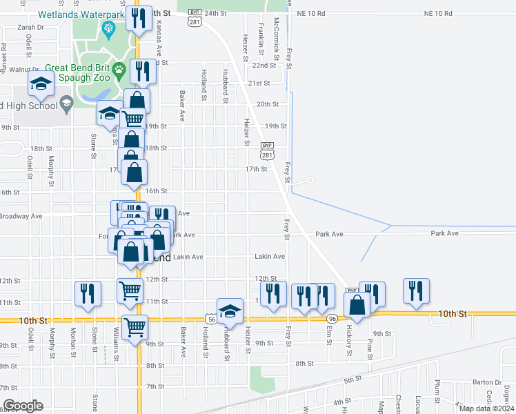 map of restaurants, bars, coffee shops, grocery stores, and more near 1424 Broadway Avenue in Great Bend