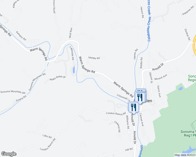 map of restaurants, bars, coffee shops, grocery stores, and more near 4924 Warm Springs Road in Glen Ellen