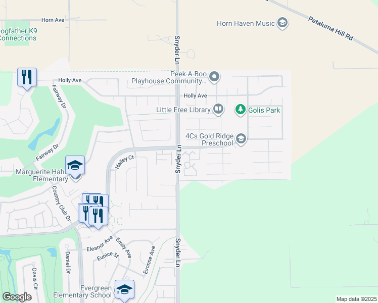 map of restaurants, bars, coffee shops, grocery stores, and more near 1315 Gold Way in Rohnert Park