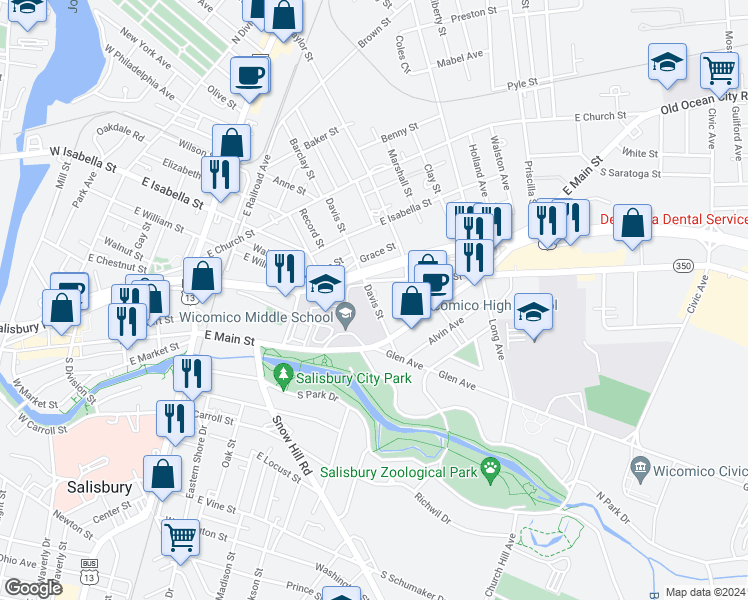 map of restaurants, bars, coffee shops, grocery stores, and more near 119 Davis Street in Salisbury