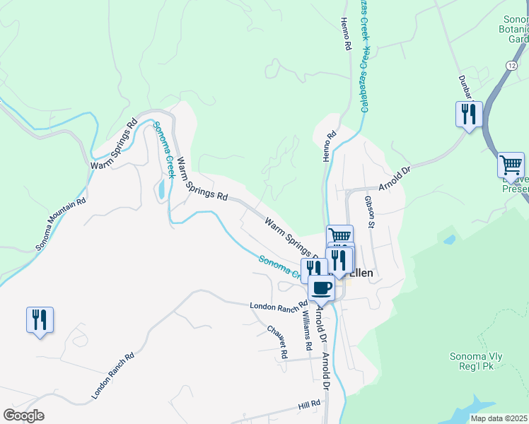 map of restaurants, bars, coffee shops, grocery stores, and more near 5083 Warm Springs Road in Glen Ellen