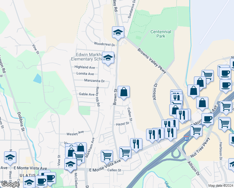 map of restaurants, bars, coffee shops, grocery stores, and more near 231 Bennett Hill Court in Vacaville
