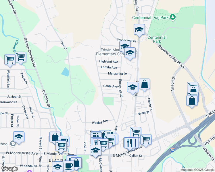 map of restaurants, bars, coffee shops, grocery stores, and more near 130 Gable Avenue in Vacaville