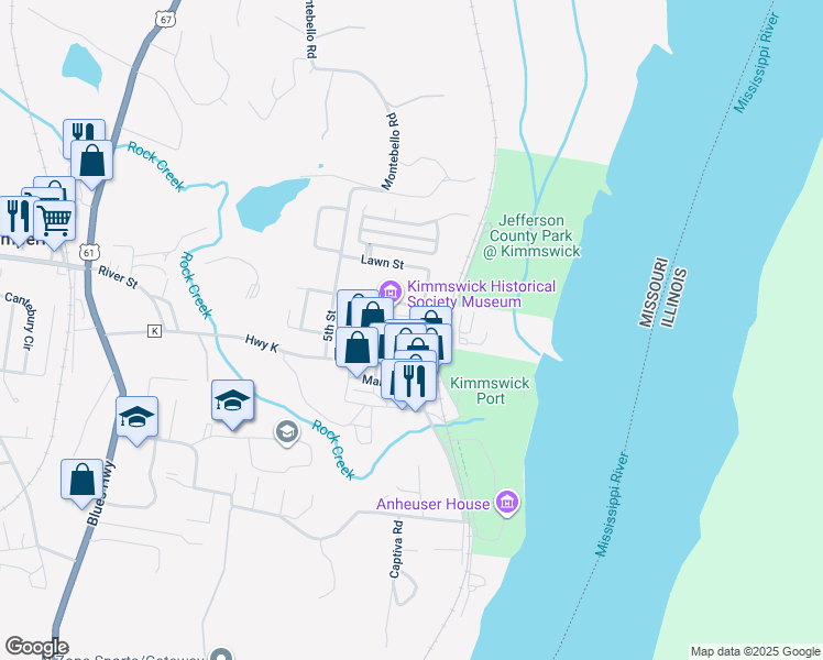 map of restaurants, bars, coffee shops, grocery stores, and more near 100 Oak Street in Kimmswick