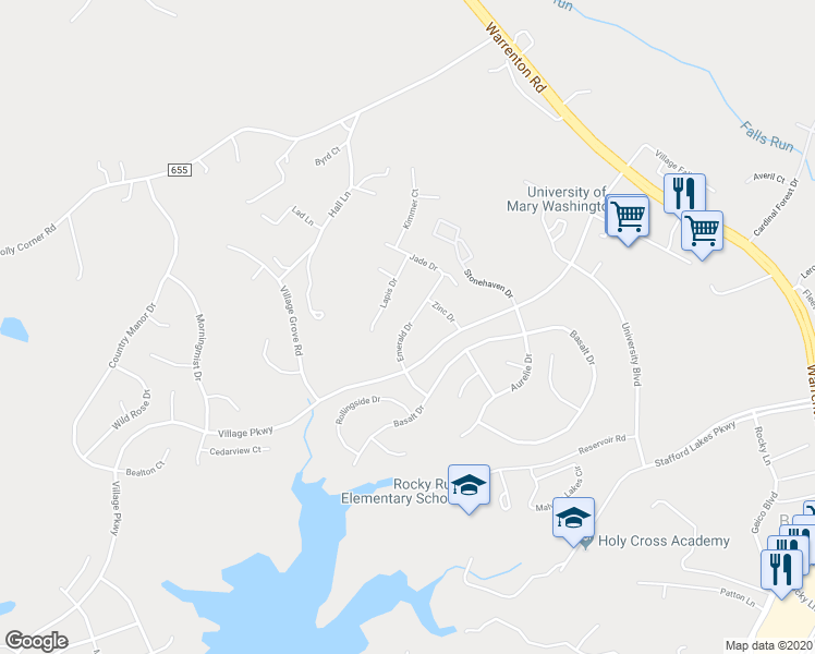 map of restaurants, bars, coffee shops, grocery stores, and more near 17 Emerald Drive in Fredericksburg