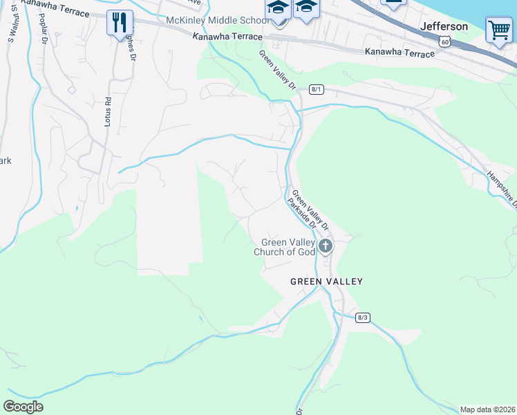 map of restaurants, bars, coffee shops, grocery stores, and more near 411 Woodland Dr SE in St Albans