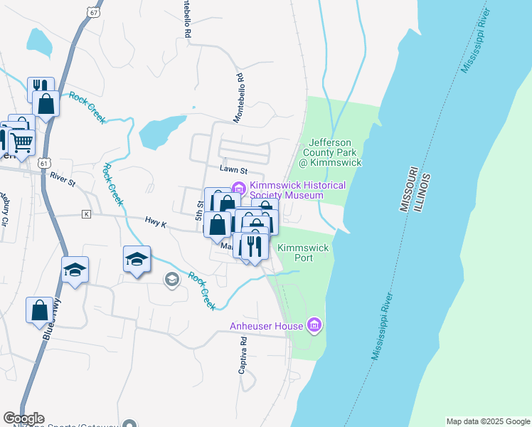 map of restaurants, bars, coffee shops, grocery stores, and more near 100 Oak Street in Kimmswick