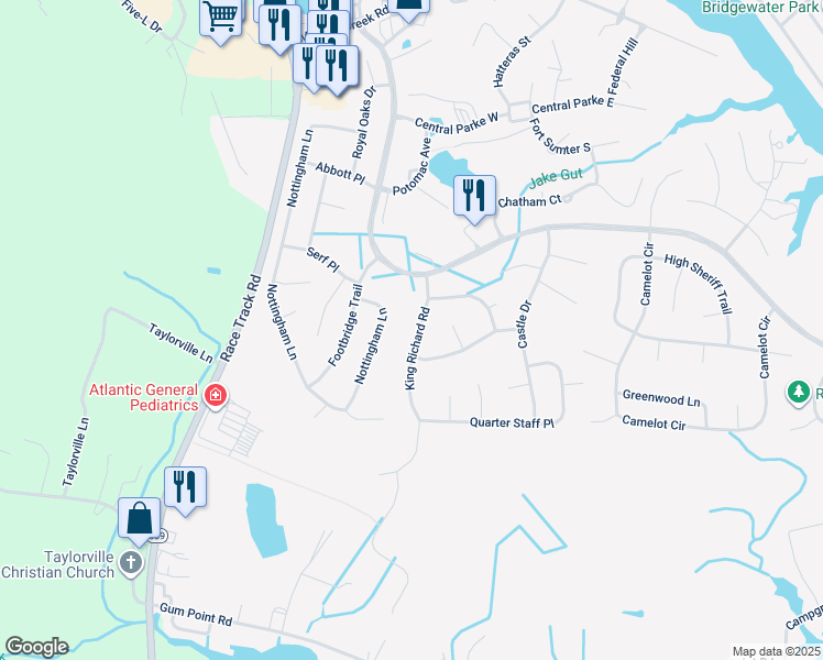 map of restaurants, bars, coffee shops, grocery stores, and more near 16 King Richard Road in Ocean Pines