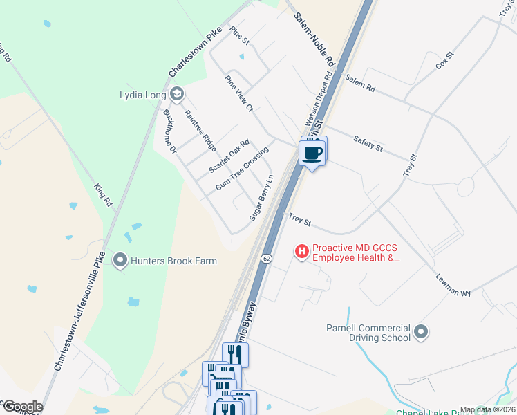map of restaurants, bars, coffee shops, grocery stores, and more near 5718 Sugar Berry Lane in Jeffersonville