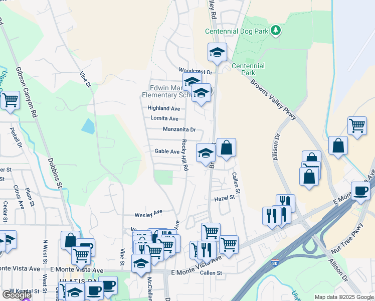map of restaurants, bars, coffee shops, grocery stores, and more near 421 Rocky Hill Road in Vacaville