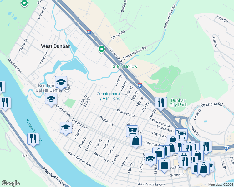 map of restaurants, bars, coffee shops, grocery stores, and more near 519 21st St in Dunbar