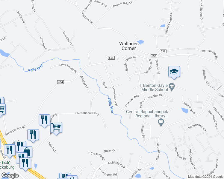 map of restaurants, bars, coffee shops, grocery stores, and more near 1 Slate Drive in Fredericksburg