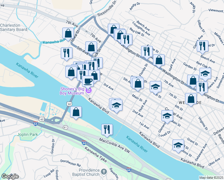 map of restaurants, bars, coffee shops, grocery stores, and more near 1519 3rd Avenue in Charleston