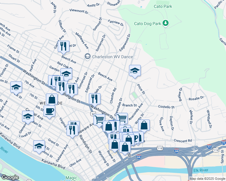 map of restaurants, bars, coffee shops, grocery stores, and more near 808 Maple Road in Charleston