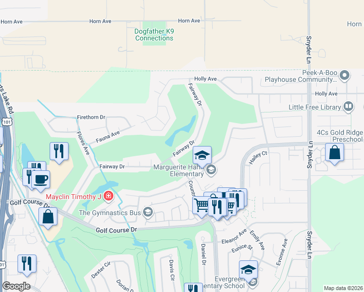 map of restaurants, bars, coffee shops, grocery stores, and more near 4565 Fairway Drive in Rohnert Park