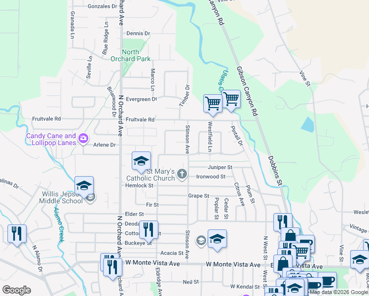 map of restaurants, bars, coffee shops, grocery stores, and more near 579 Eldridge Avenue in Vacaville