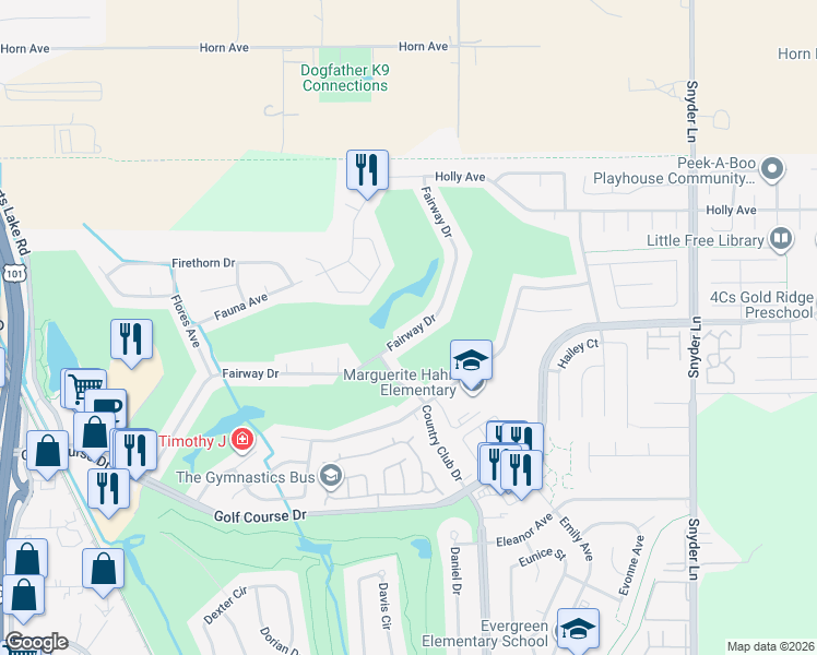map of restaurants, bars, coffee shops, grocery stores, and more near 4565 Fairway Drive in Rohnert Park