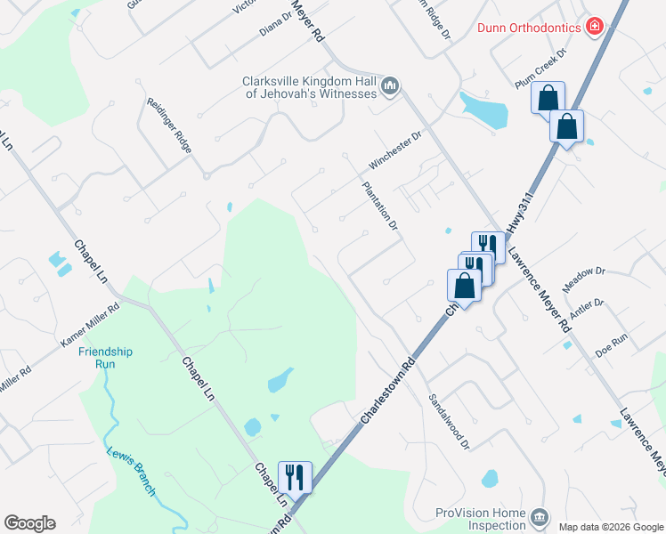 map of restaurants, bars, coffee shops, grocery stores, and more near 3203 Magnolia Court in Sellersburg