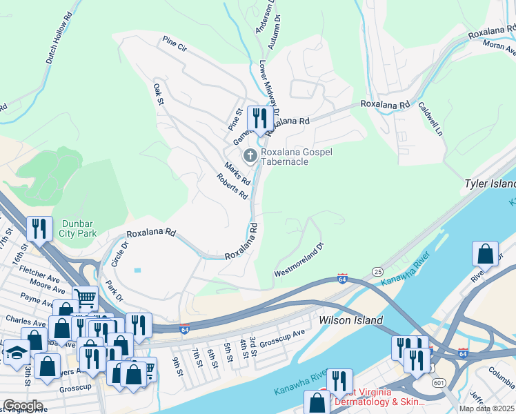 map of restaurants, bars, coffee shops, grocery stores, and more near 1886 Roberts Road in Dunbar