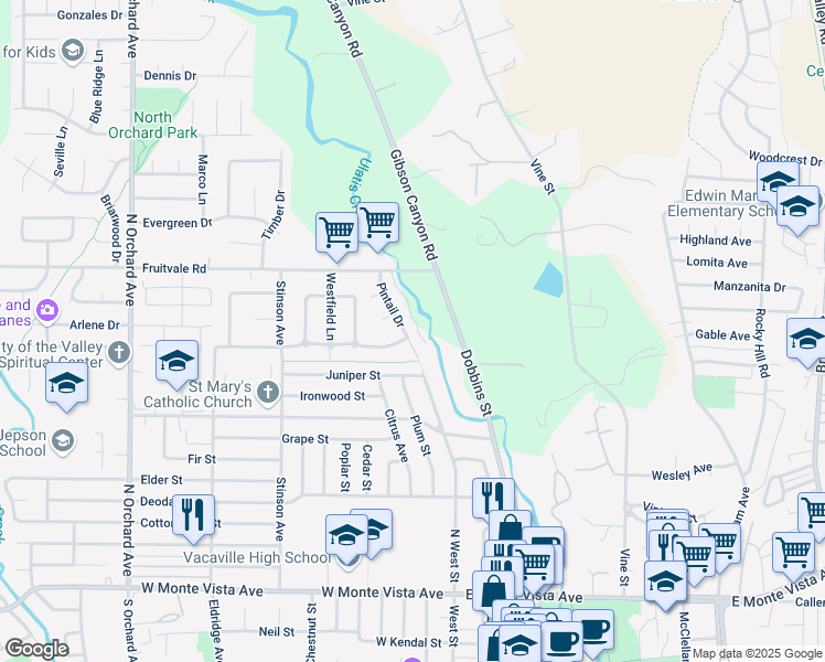 map of restaurants, bars, coffee shops, grocery stores, and more near 749 Pintail Drive in Vacaville
