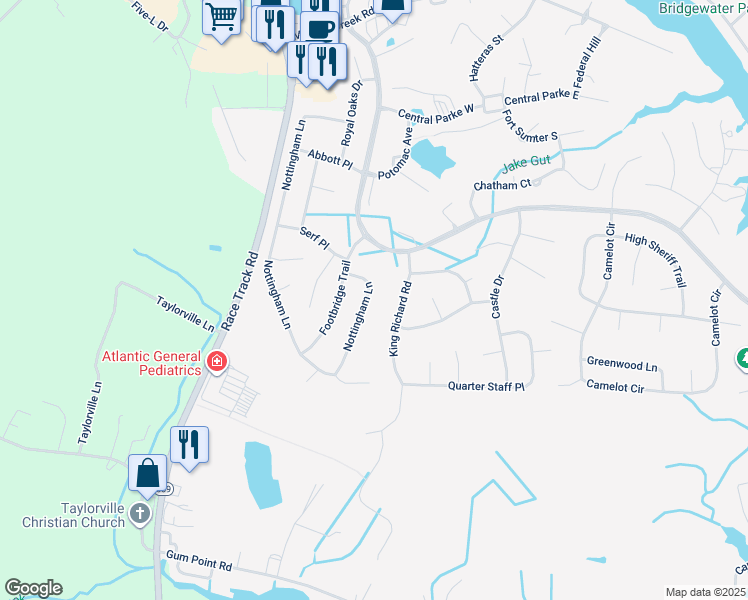 map of restaurants, bars, coffee shops, grocery stores, and more near 16 King Richard Road in Ocean Pines