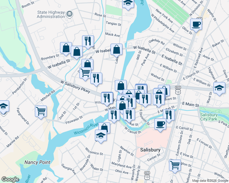 map of restaurants, bars, coffee shops, grocery stores, and more near 205 Lake Street in Salisbury