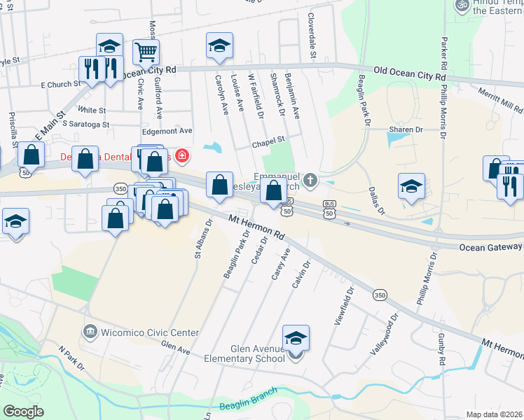 map of restaurants, bars, coffee shops, grocery stores, and more near 1321 Mount Hermon Road in Salisbury