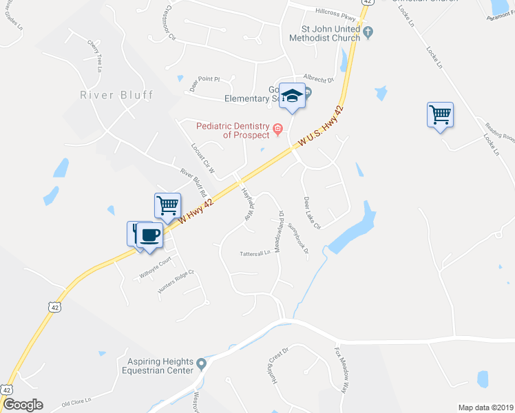 map of restaurants, bars, coffee shops, grocery stores, and more near 3901 Hayfield Way in Prospect