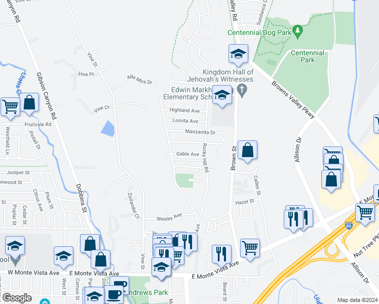 map of restaurants, bars, coffee shops, grocery stores, and more near 130 Gable Avenue in Vacaville