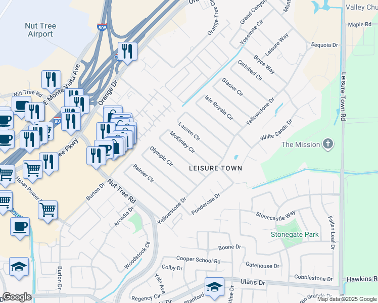 map of restaurants, bars, coffee shops, grocery stores, and more near 187 McKinley Circle in Vacaville