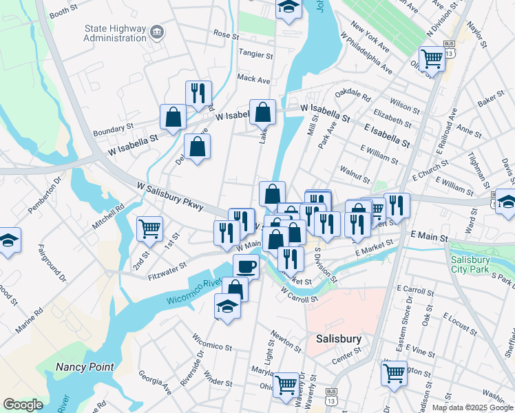 map of restaurants, bars, coffee shops, grocery stores, and more near 205 Lake Street in Salisbury