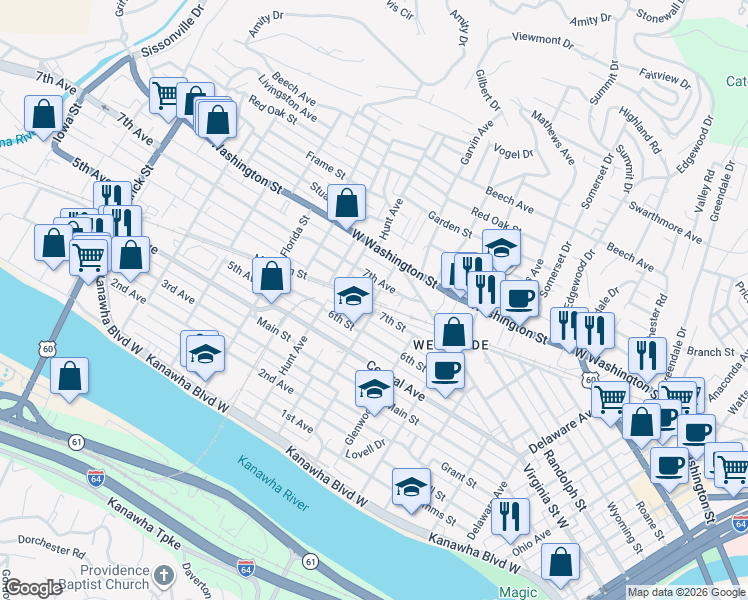 map of restaurants, bars, coffee shops, grocery stores, and more near 1001 Madison Street in Charleston