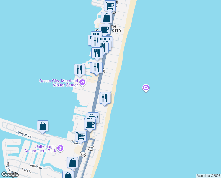 map of restaurants, bars, coffee shops, grocery stores, and more near 4007 Atlantic Avenue in Ocean City