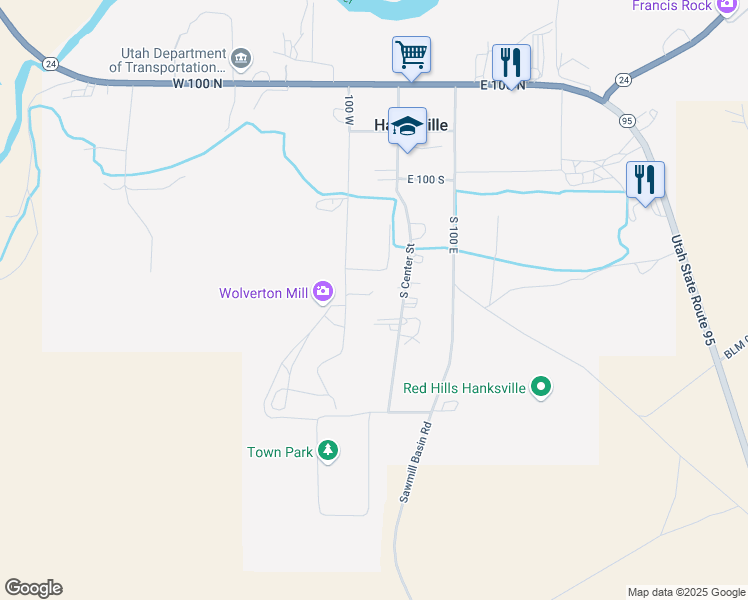 map of restaurants, bars, coffee shops, grocery stores, and more near 45 West Rookie Lane in Hanksville