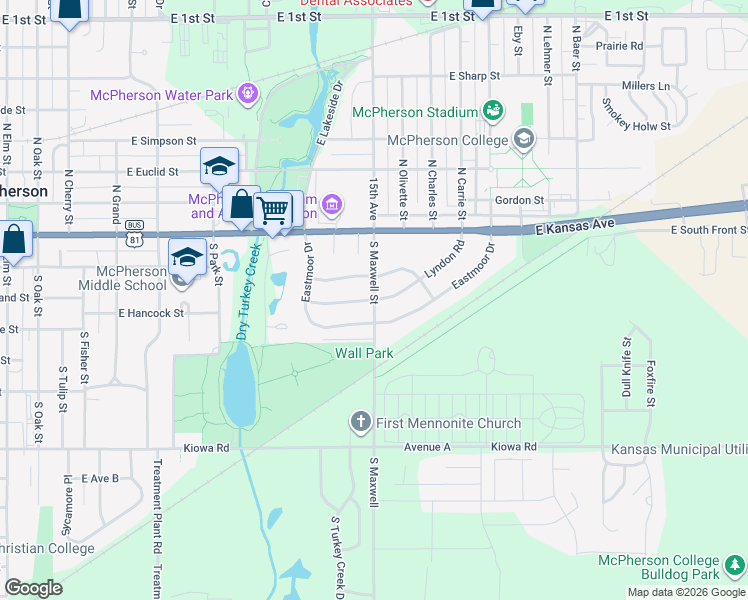 map of restaurants, bars, coffee shops, grocery stores, and more near 300 South Maxwell Street in McPherson