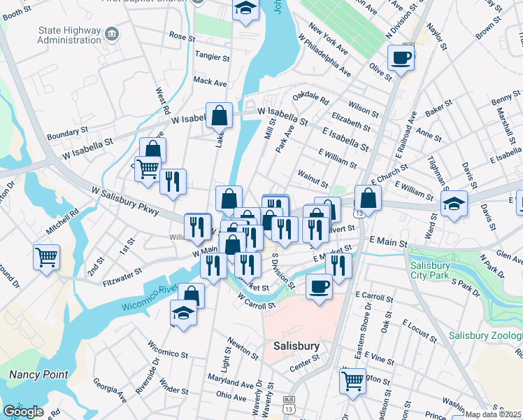 map of restaurants, bars, coffee shops, grocery stores, and more near 111 High Street in Salisbury