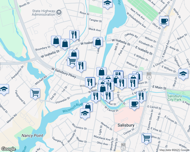 map of restaurants, bars, coffee shops, grocery stores, and more near 205 Lake Street in Salisbury