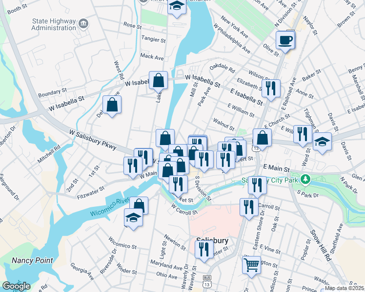 map of restaurants, bars, coffee shops, grocery stores, and more near 111 High Street in Salisbury
