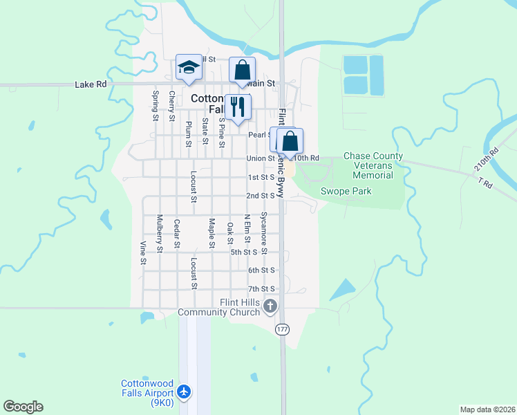 map of restaurants, bars, coffee shops, grocery stores, and more near 200-298 Sycamore Street in Cottonwood Falls