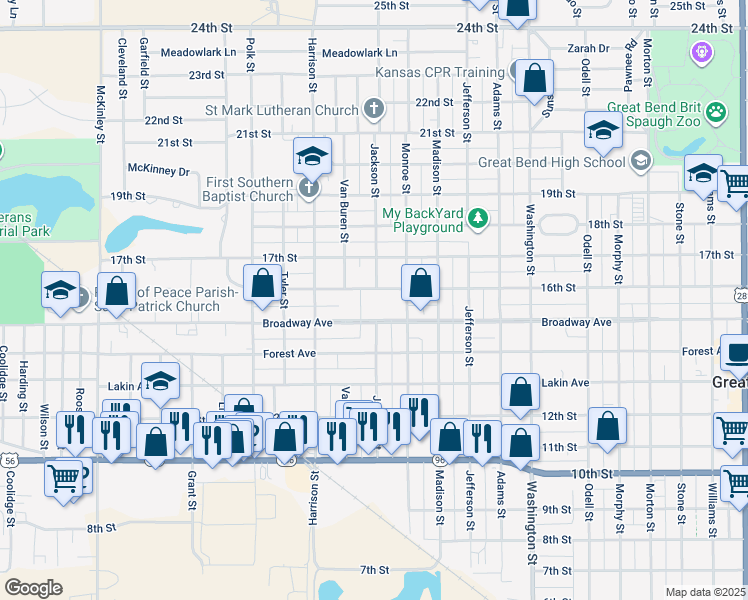 map of restaurants, bars, coffee shops, grocery stores, and more near 3100-3198 Broadway Avenue in Great Bend