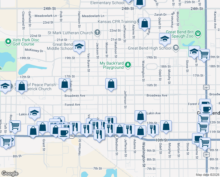 map of restaurants, bars, coffee shops, grocery stores, and more near 1700 Monroe St in Great Bend